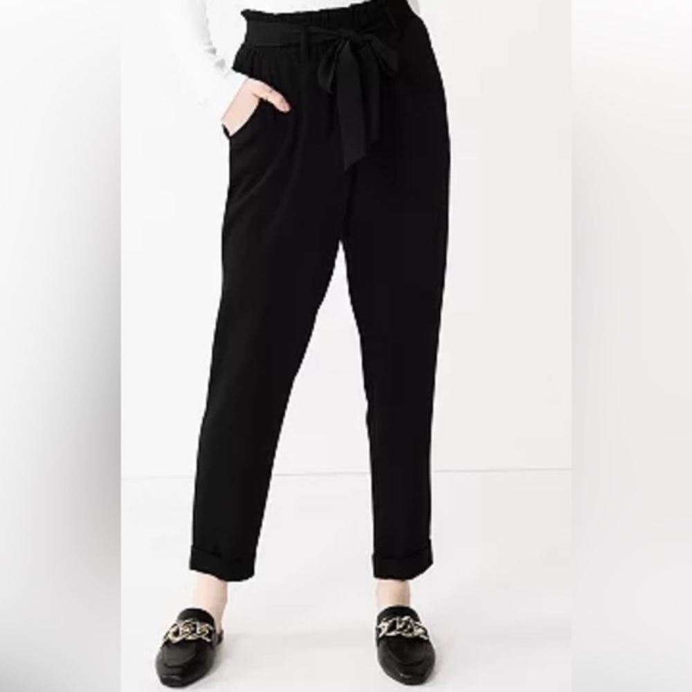 SO silky black high rise paper bag cuffed tie waist dress pants